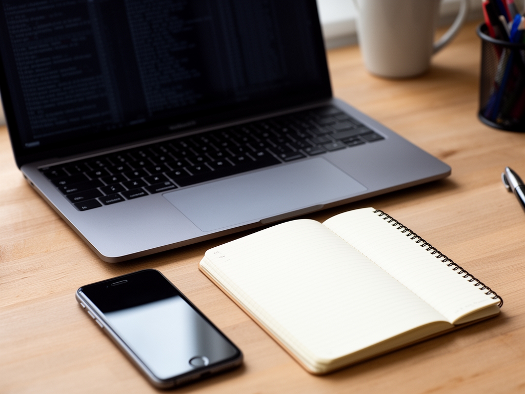 Рабочий стол фрилансера с ноутбуком, смартфоном и записной книжкой — организованное рабочее пространство журналиста-фрилансера