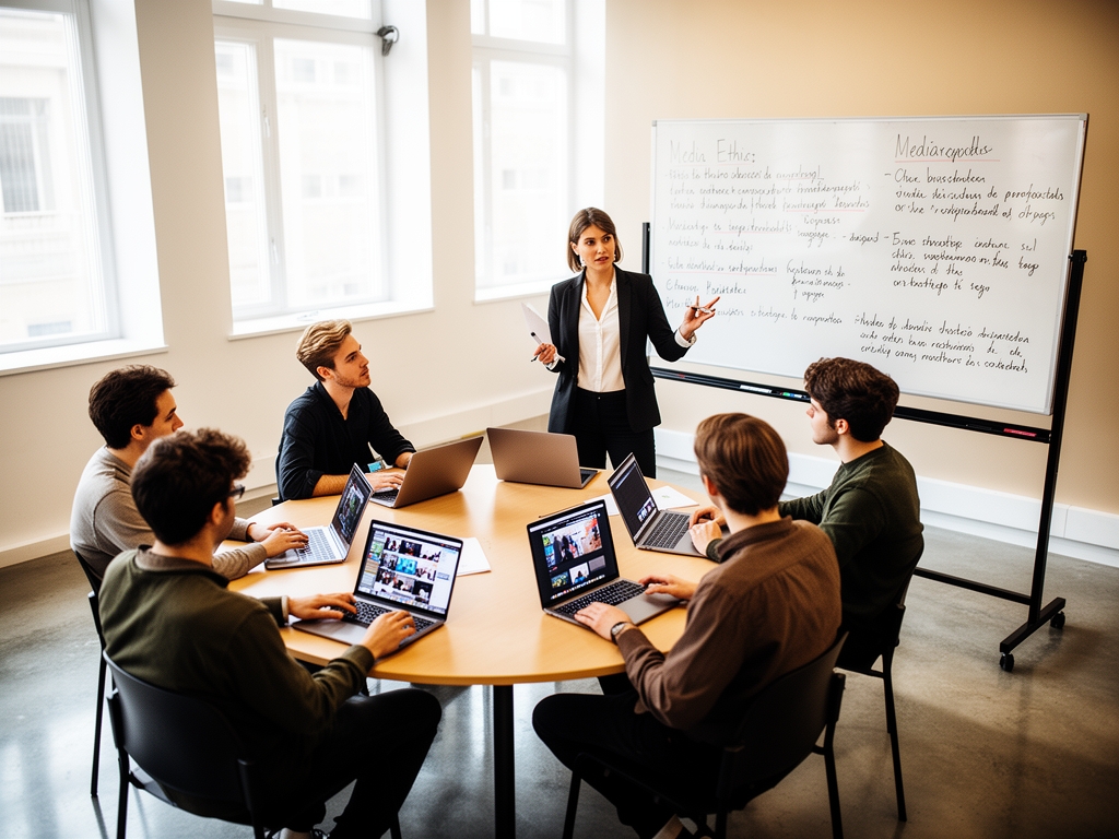 Небольшой семинар в современной медиашколе: студенты сидят за круглым столом с ноутбуками, преподаватель стоит у доски с записями о медиаэтике и структуре репортажа