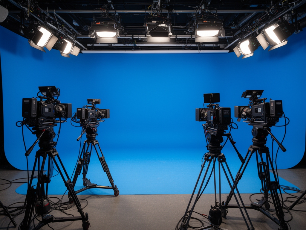 Профессиональная телевизионная студия с камерами, светотехническим оборудованием, стойкой для диктора и синим фоном хромакея — подготовка к съёмке новостного выпуска