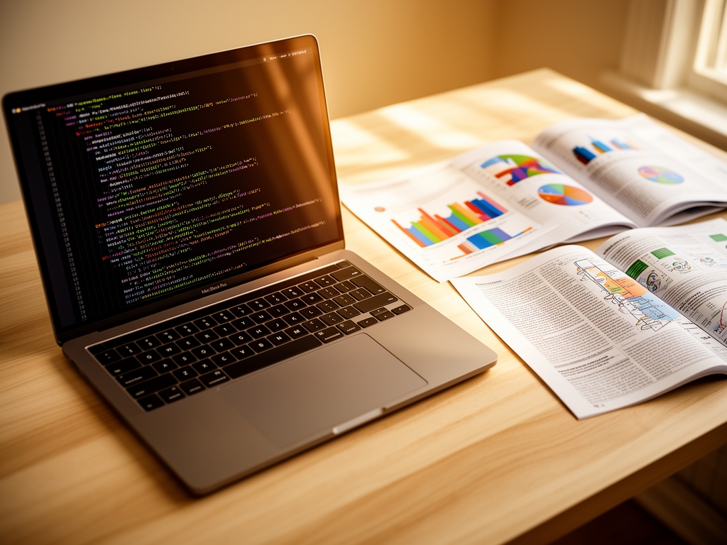 Ноутбук с открытым Jupyter Notebook и кодом на Python для анализа данных о выборах рядом с распечатанными визуализациями и справочниками по статистике