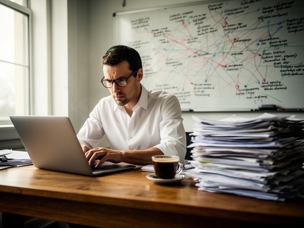 Журналист-расследователь за рабочим столом с кипой документов, ноутбуком и заметками на доске с маркерными связями между фактами — типичная рабочая обстановка репортёра-расследователя