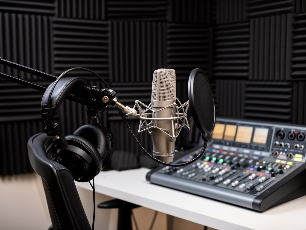 Профессиональная подкаст-студия с микрофоном на поп-фильтре, наушниками, звуковым пультом и акустическими панелями на стенах — запись аудиоконтента