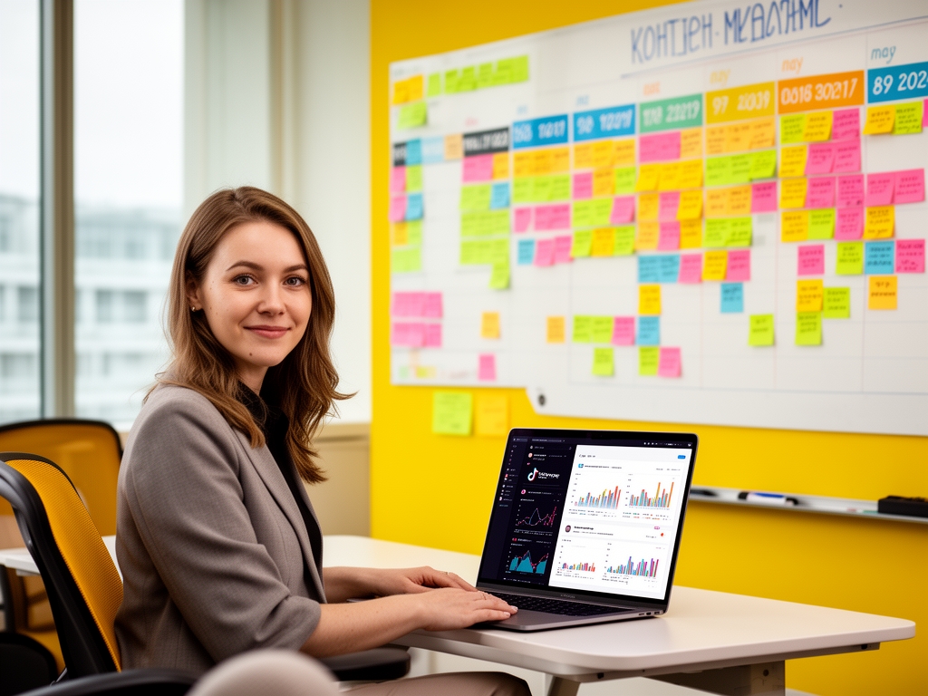 Контент-менеджер в яркой переговорной комнате с доской планирования контента, стикерами по месяцам и открытым ноутбуком с аналитикой Instagram и TikTok