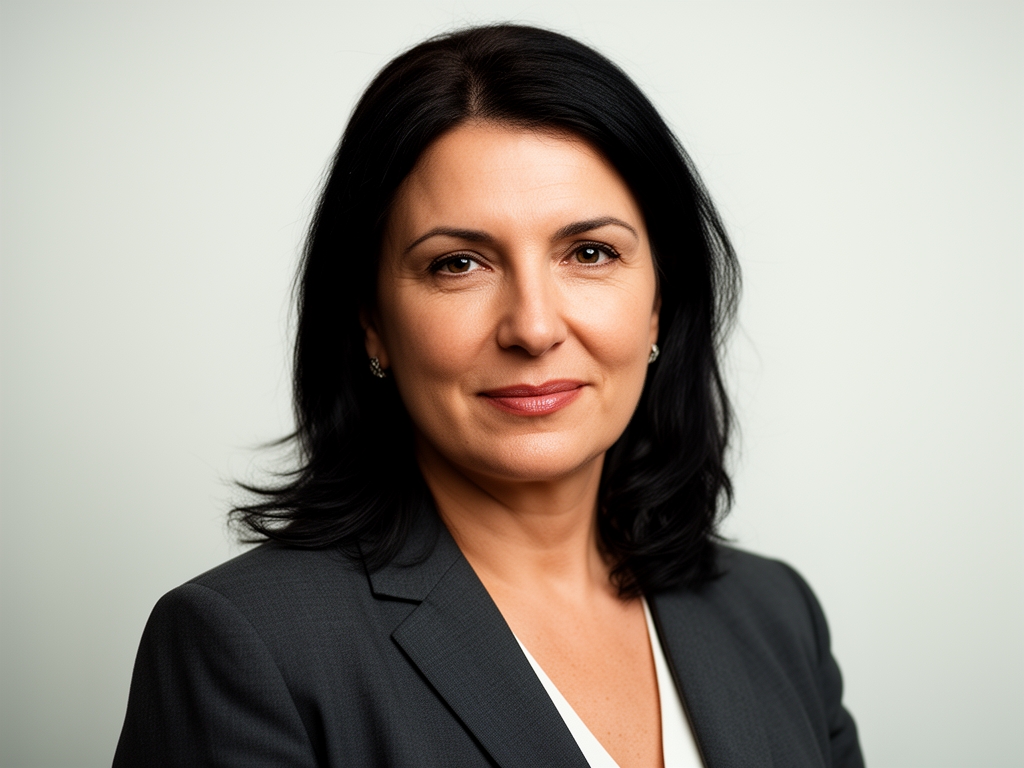 Профессиональный портрет женщины-журналиста примерно 40 лет, тёмные волосы, деловой пиджак, уверенный взгляд, нейтральный светлый фон студийной съёмки