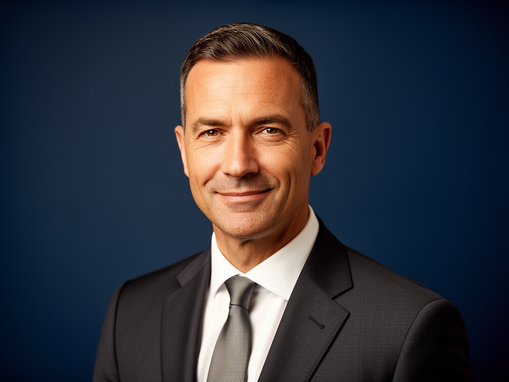 Профессиональный портрет мужчины примерно 45 лет, короткая стрижка, строгий костюм, сдержанная улыбка, деловая фотосессия на тёмно-синем фоне