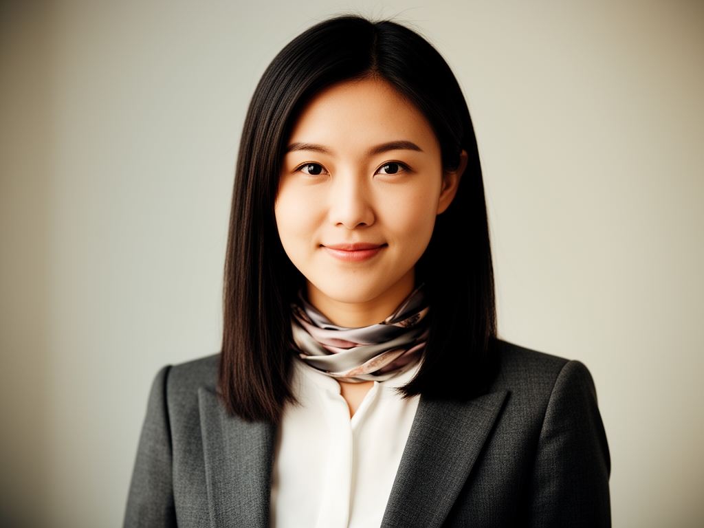 Профессиональный портрет молодой женщины азиатского происхождения примерно 32 лет, прямые тёмные волосы, строгий блейзер, мягкий офисный фон