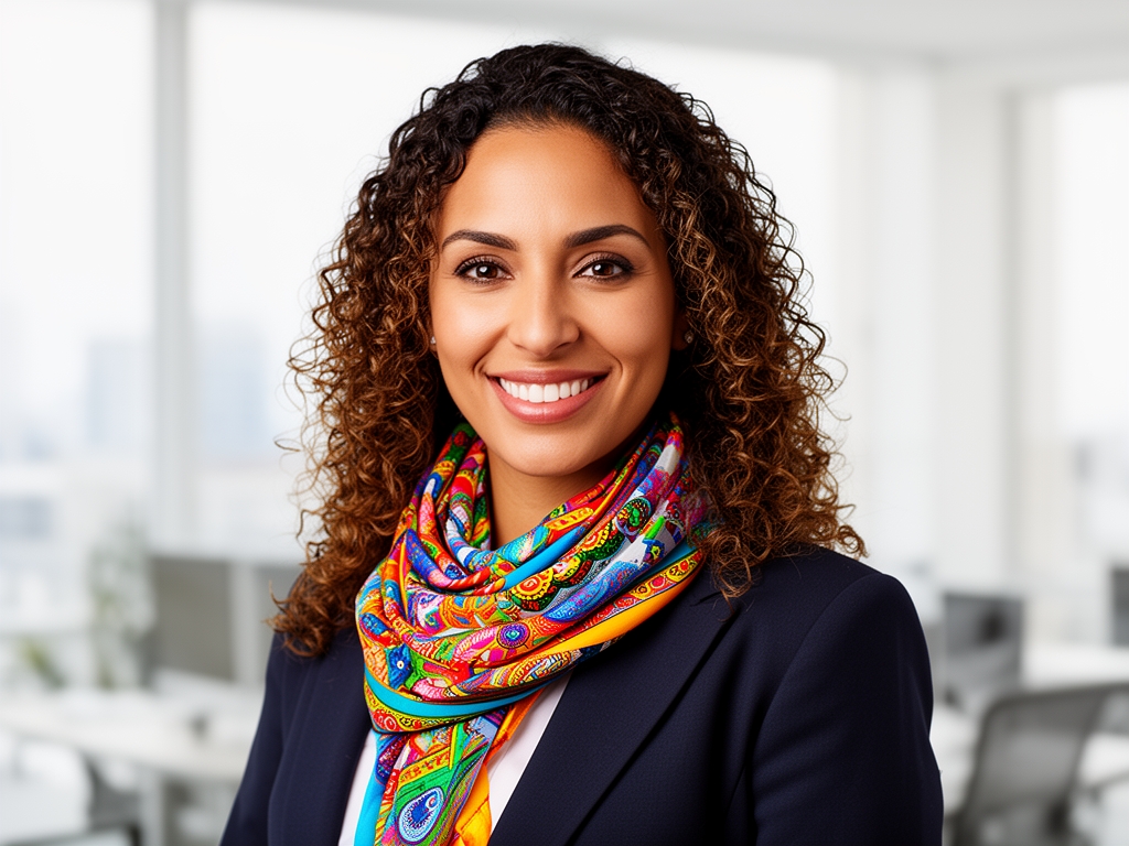 Профессиональный портрет латиноамериканской женщины примерно 38 лет, вьющиеся волосы, яркий шарф, открытая улыбка, светлый офисный интерьер на заднем плане