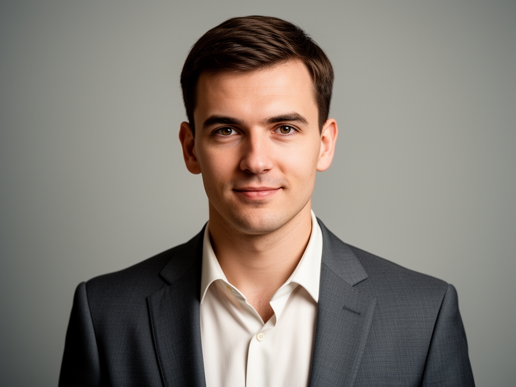 Профессиональный портрет мужчины-редактора 45 лет с короткой стрижкой в светлой рубашке с закатанными рукавами — фотография для корпоративной страницы медиашколы