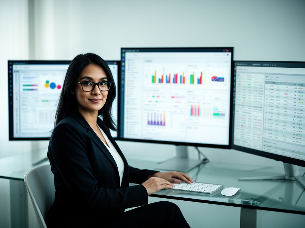 Портрет молодой женщины-аналитика 32 лет с очками и тёмными волосами за рабочим столом с тремя мониторами, отображающими дашборды с данными — для страницы команды