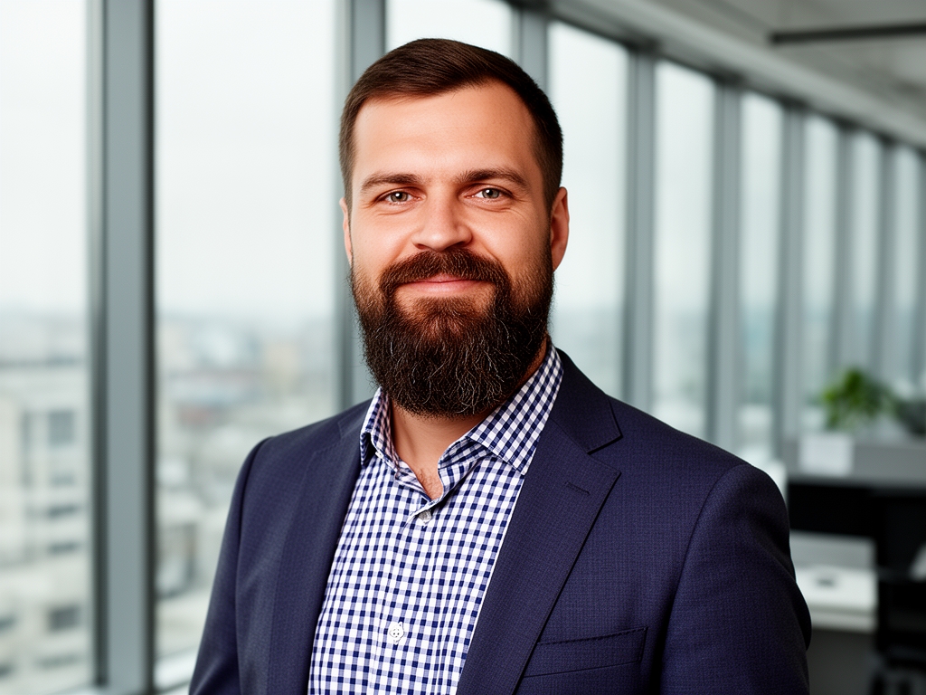 Портрет мужчины-менеджера 38 лет с бородой в клетчатой рубашке в современном офисе с большими окнами — корпоративная фотография для медиаобразовательной платформы